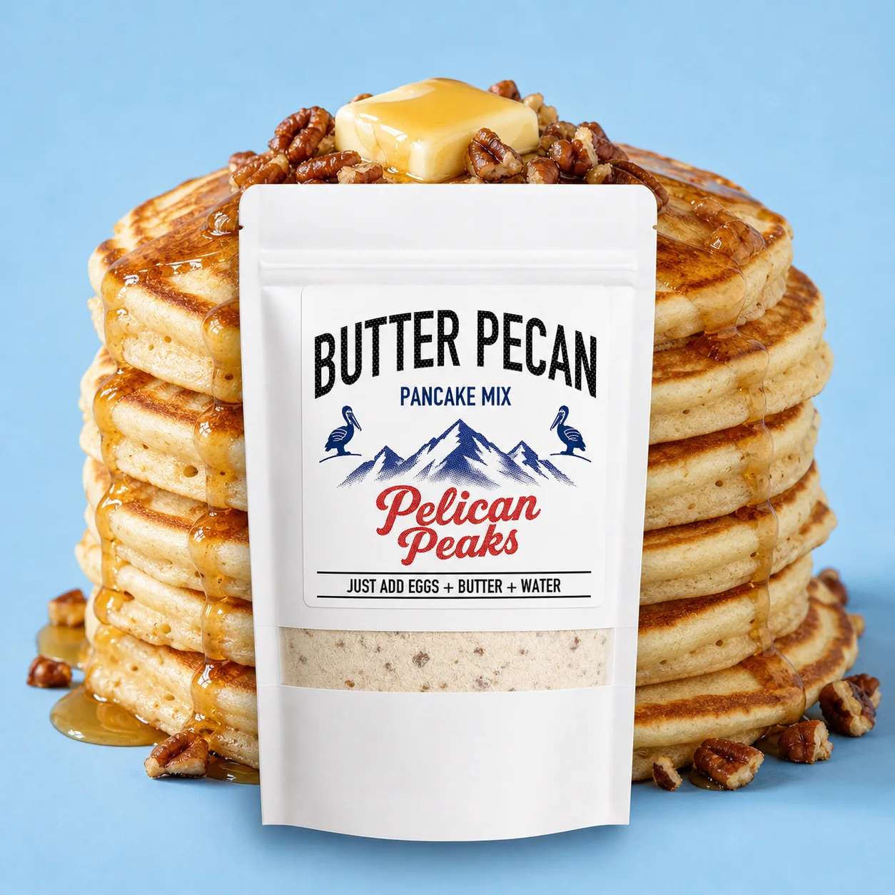 Butter Pecan Pancake Mix with a stack of pancakes