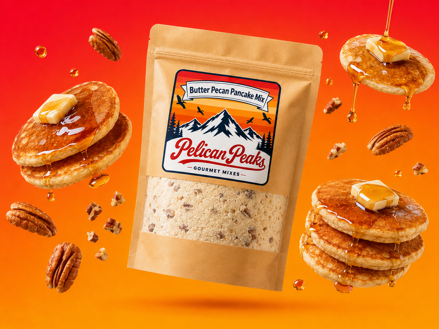 Butter Pecan Pancake Mix package with pancakes