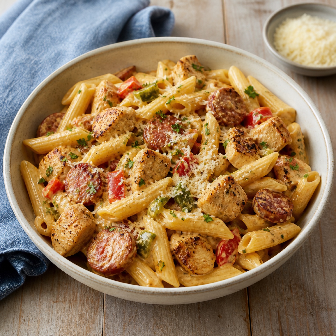 Creamy Cajun chicken and smoked sausage Alfredo penne
