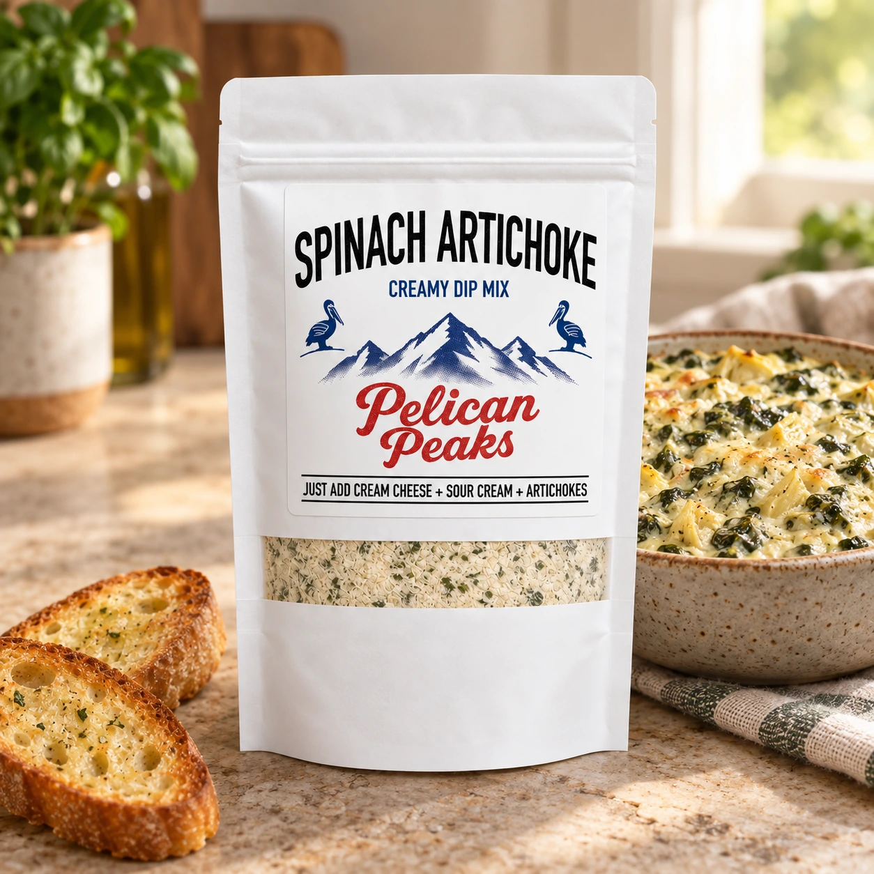 Creamy Spinach Artichoke Dip Mix with bread and crackers