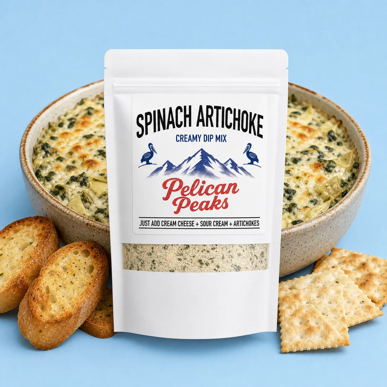 Creamy Spinach Artichoke Dip Mix with hot dip and bread