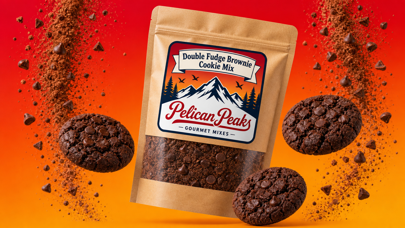 Double Fudge Brownie Cookie Mix package with finished chocolate cookies