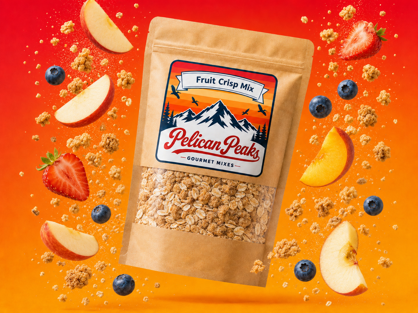 Fruit Crisp Mix package with finished fruit crisp