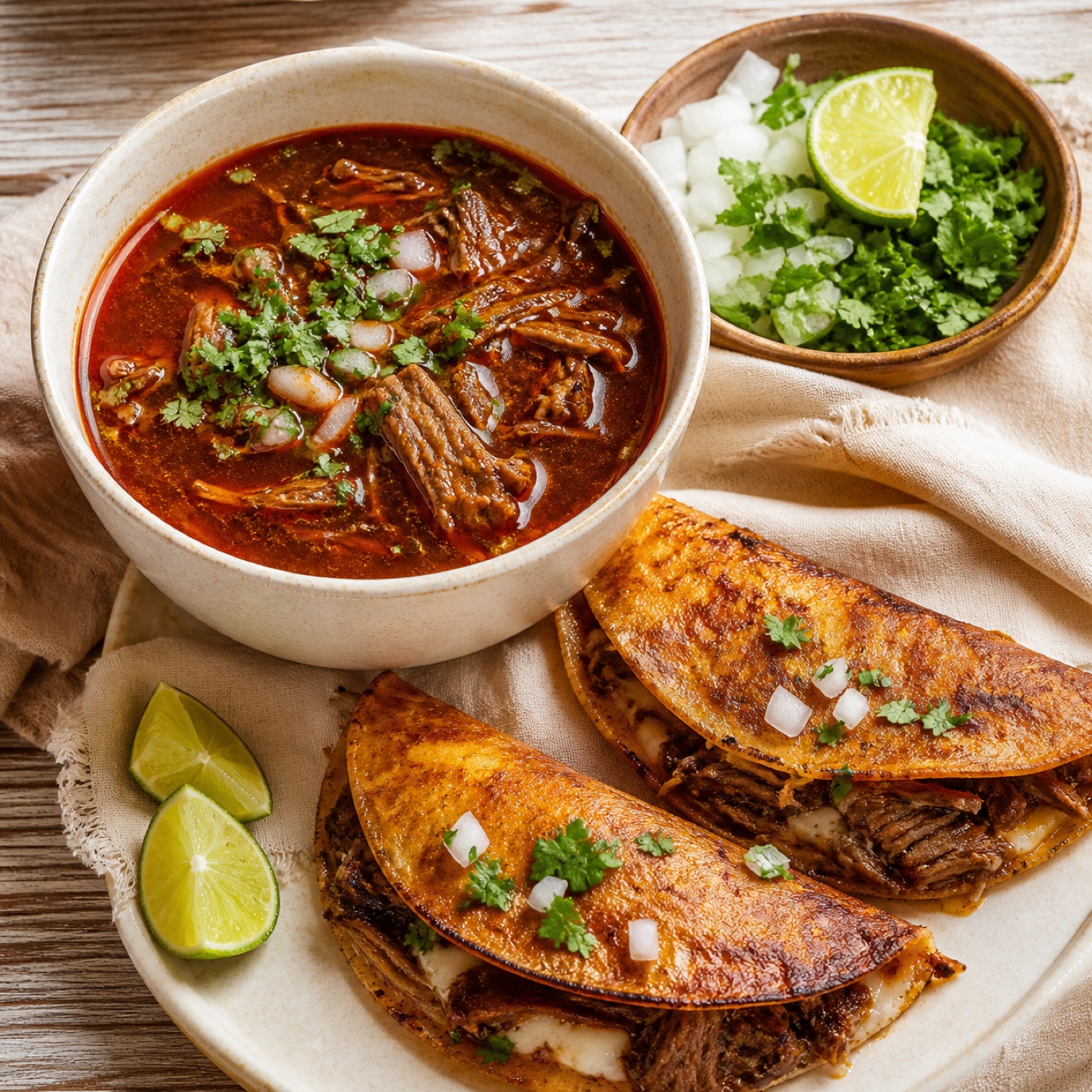 Finished beef birria with crisp tacos, white onion, cilantro, and lime