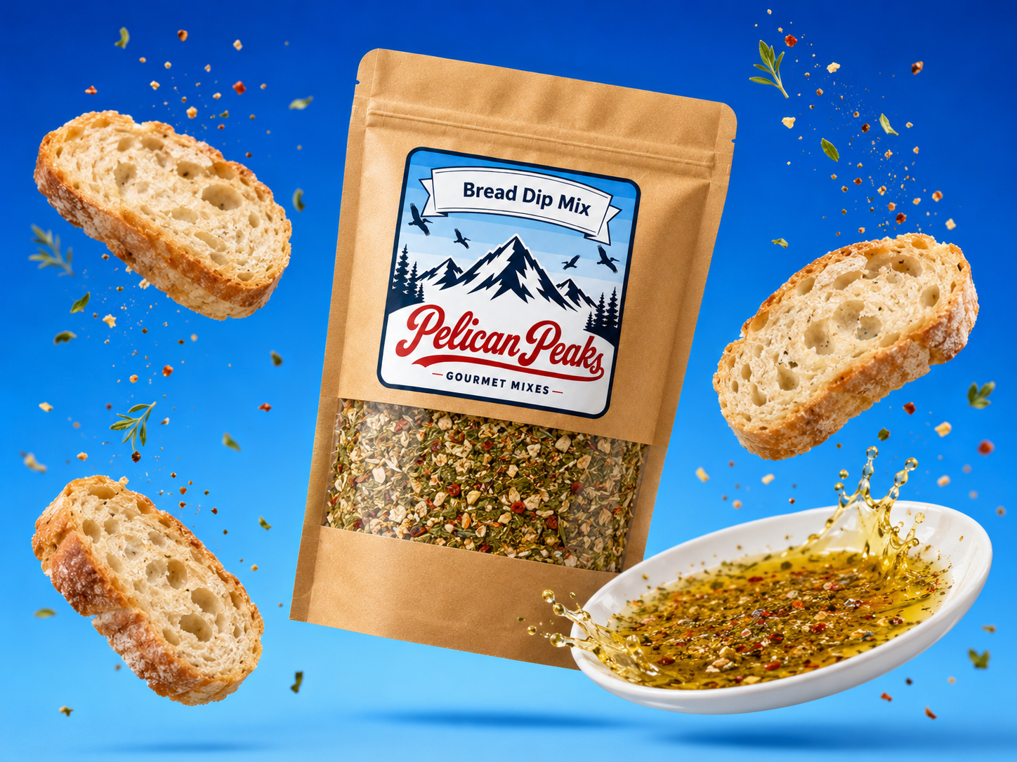 Gourmet Bread Dipping Mix package with bread and dipping oil