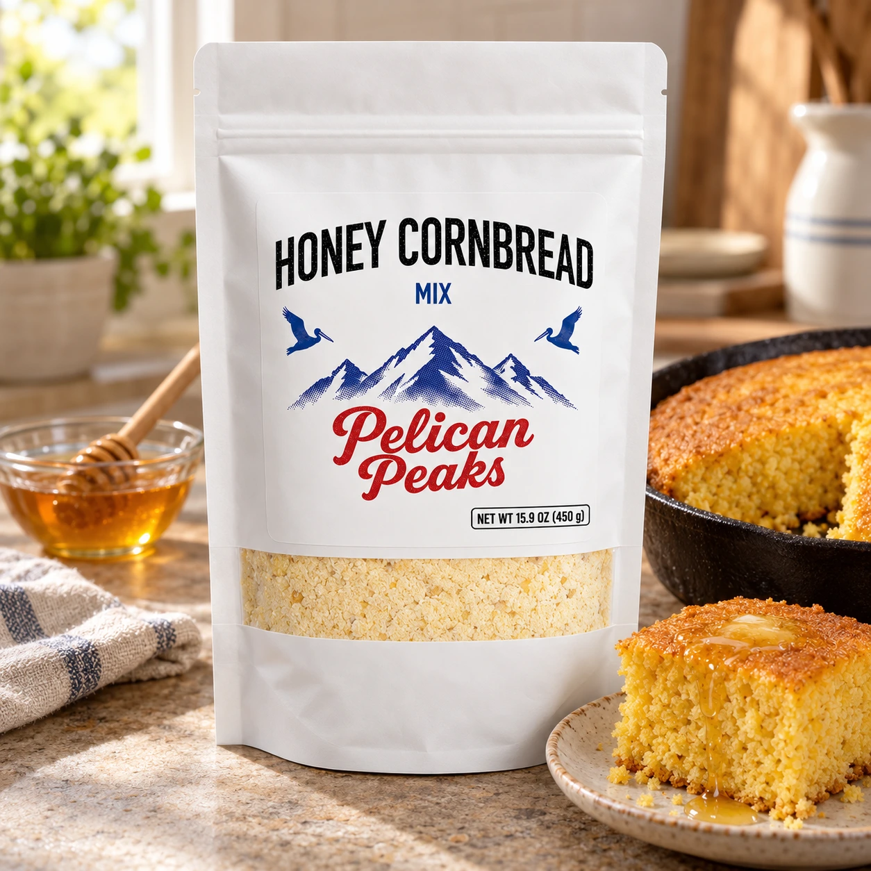 Pelican Peaks Honey Cornbread Mix with baked cornbread squares and honey