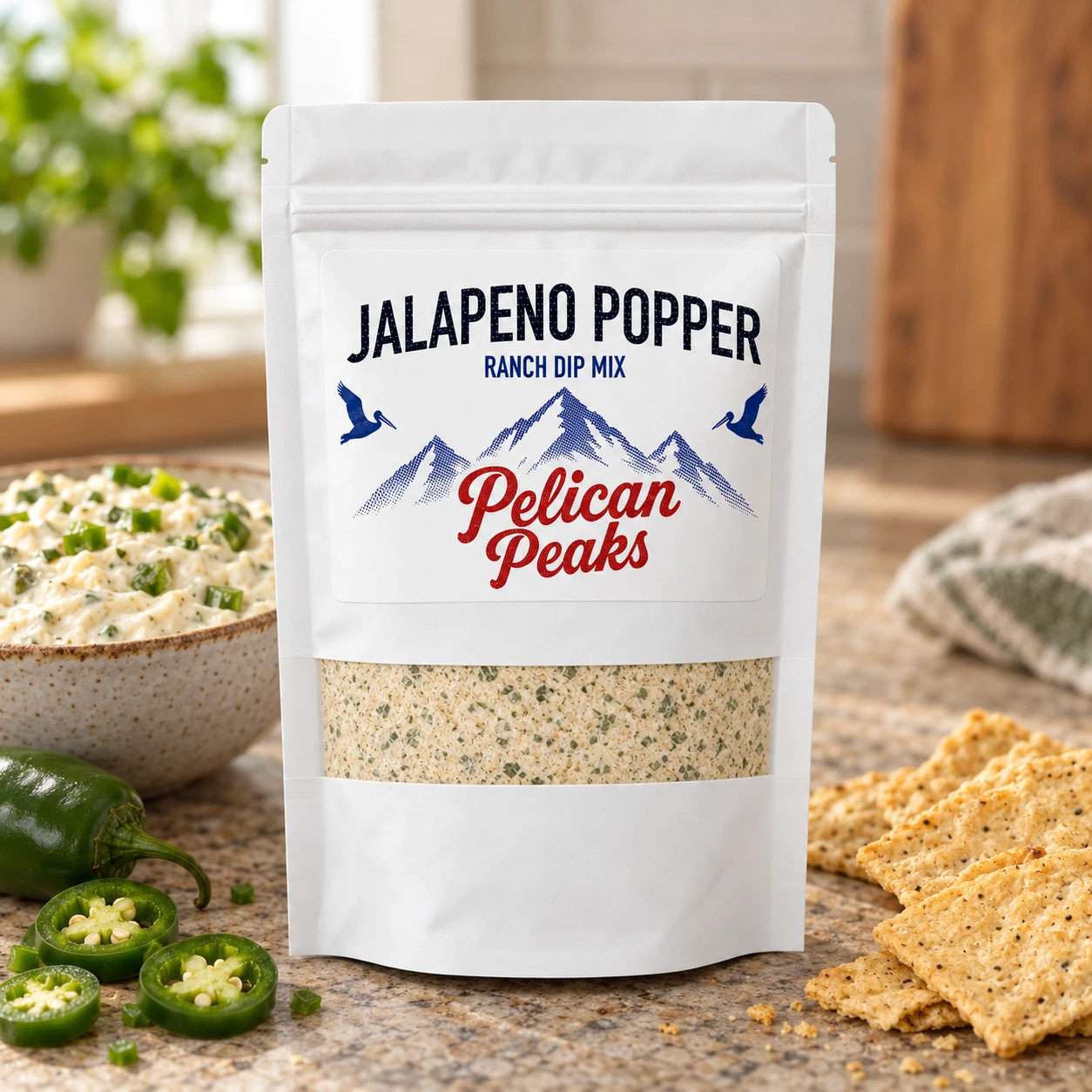 Jalapeno Popper Ranch Dip Mix with creamy jalapeno cheddar dip and tortilla scoops