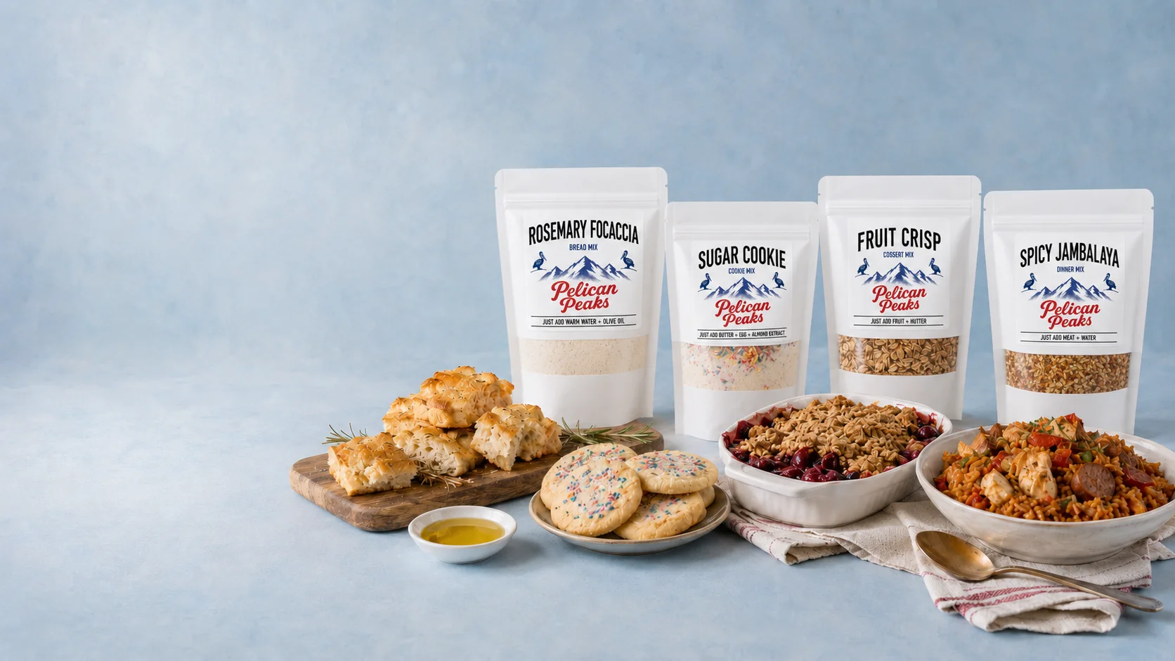 A lineup of Pelican Peaks gourmet dry mixes
