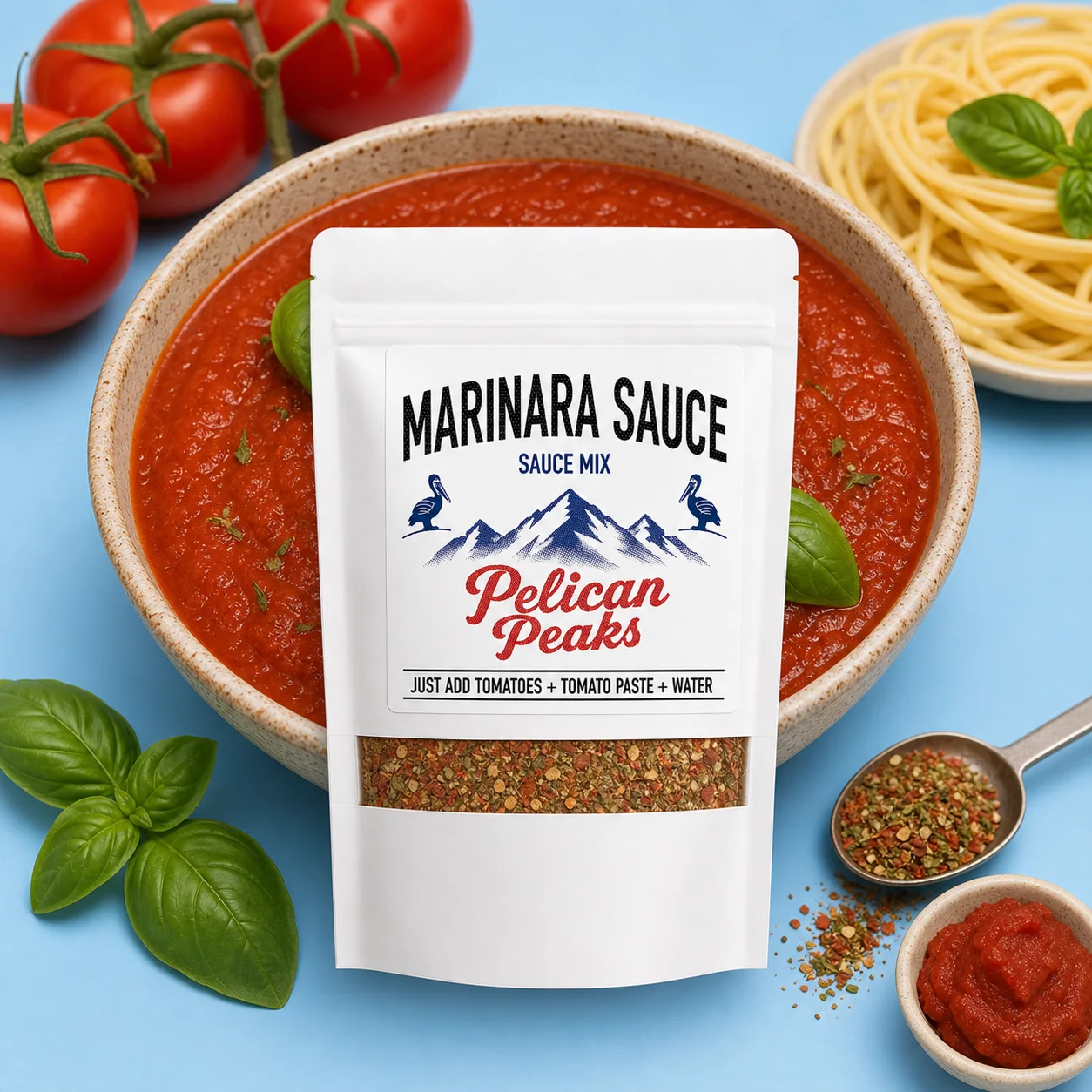Marinara Sauce Mix with tomato sauce, pasta, basil, and bread