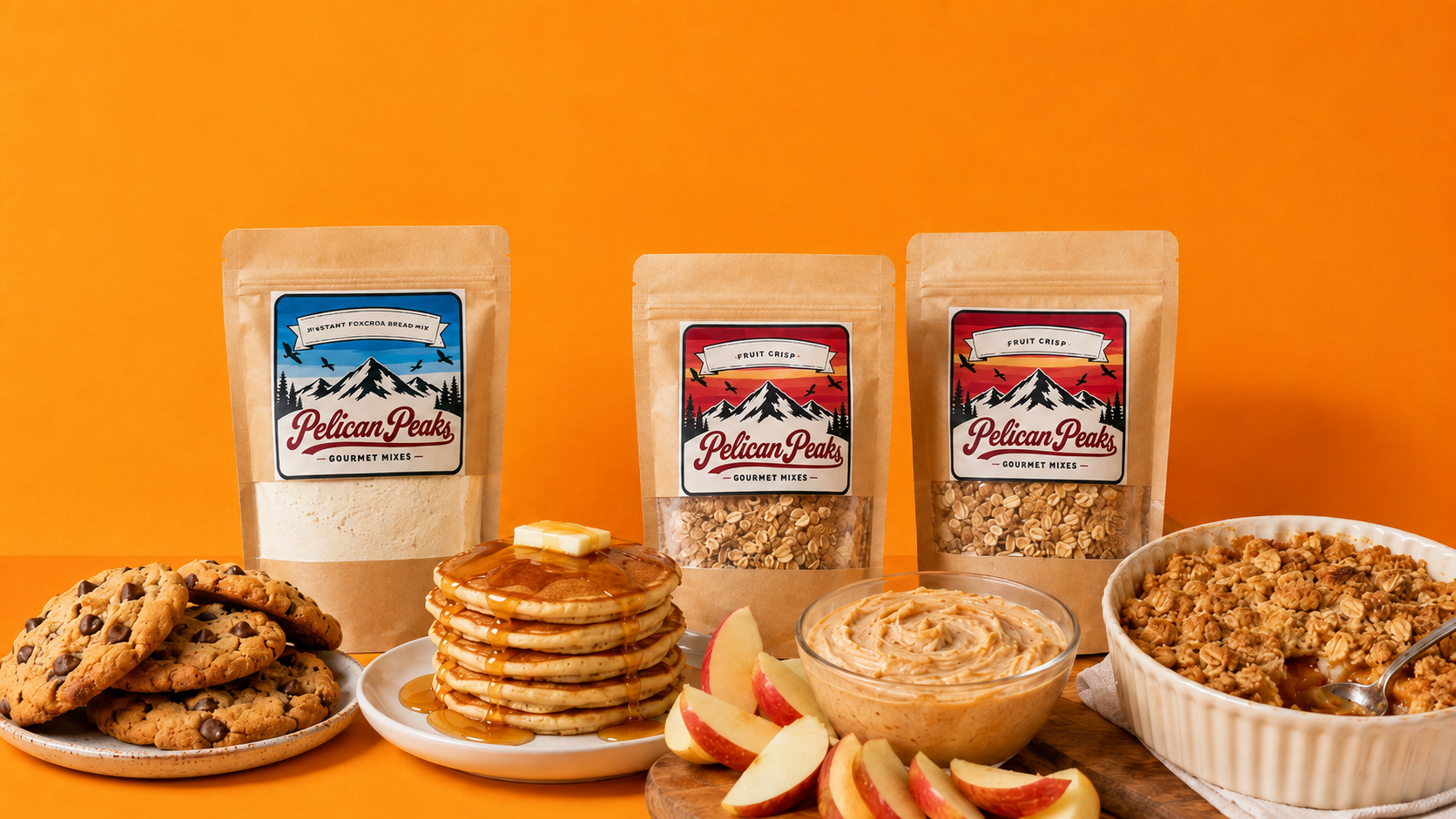 Pelican Peaks gourmet mix bags with cookies, pancakes, apple dip, and fruit crisp on an orange background