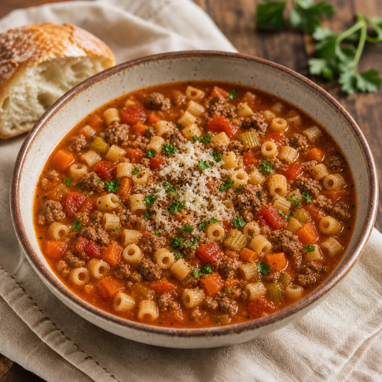 Finished tomato-rich Pasta e Fagioli soup with ditalini, ground beef, vegetables, and Parmesan