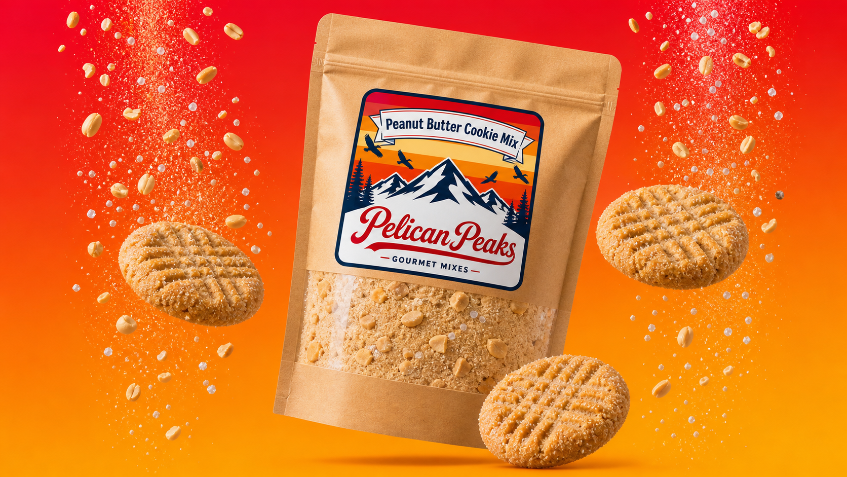Peanut Butter Cookie Mix package with finished peanut butter cookies