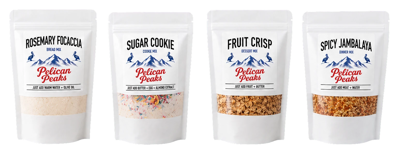 A lineup of Pelican Peaks gourmet mix bags