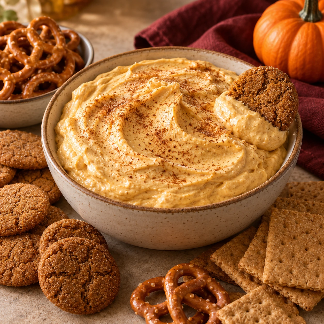 Pumpkin cheesecake dip with gingersnaps, pretzels, and graham crackers