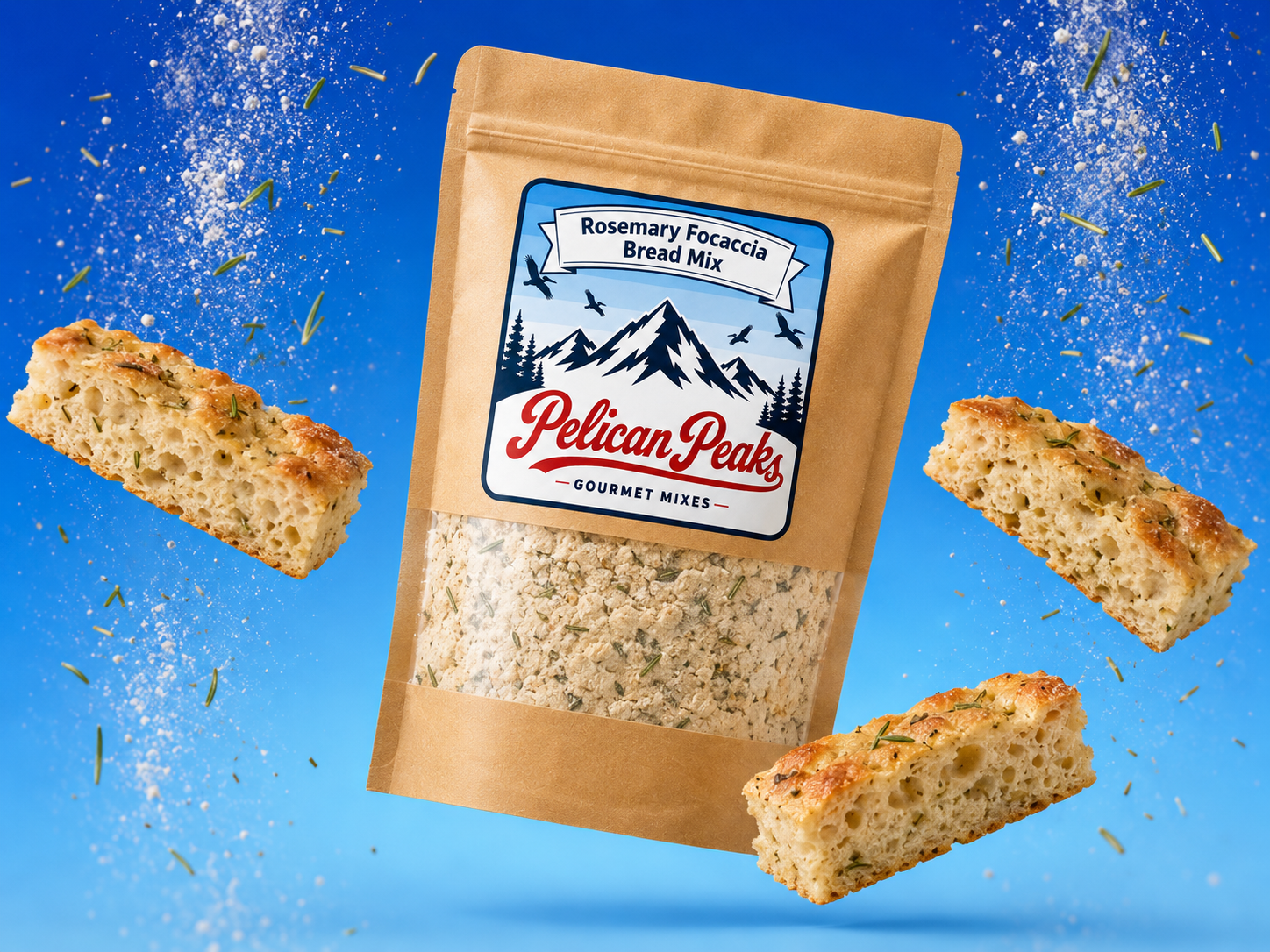Rosemary Focaccia Bread Mix package with finished focaccia