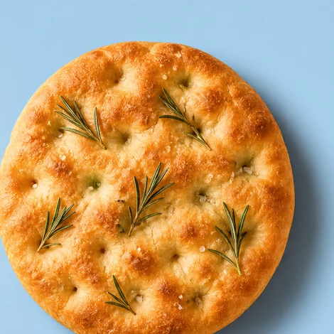 Golden rosemary focaccia baked in a 9-inch round pan
