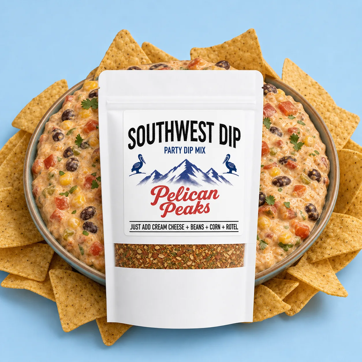 Southwest Dip Mix with loaded creamy dip and tortilla chips