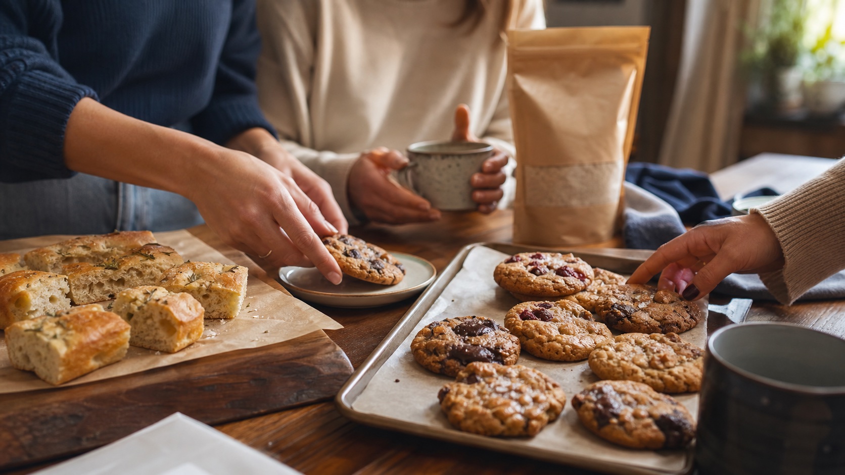 Fresh cookies and focaccia on a table with people reaching for what they made