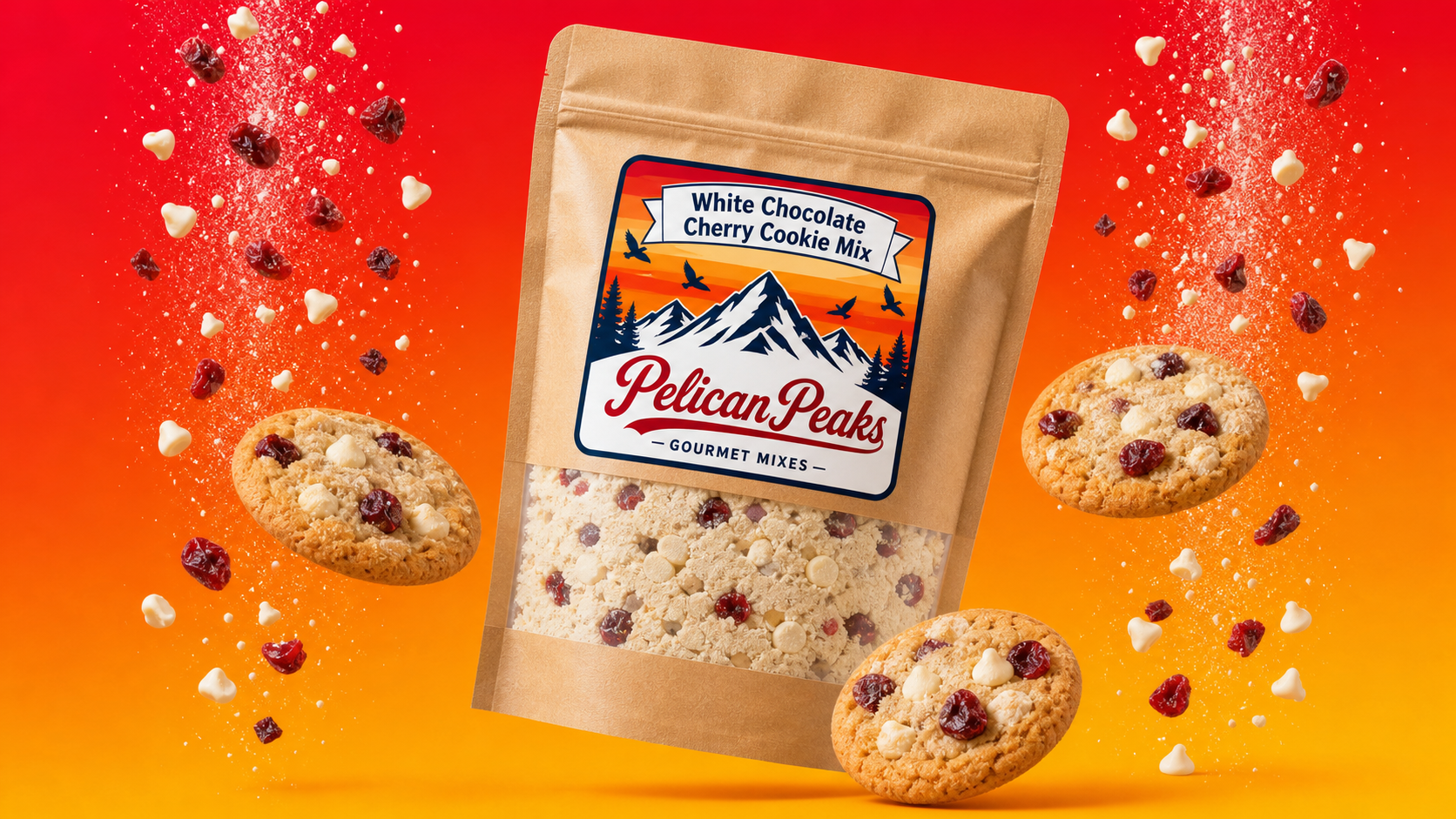 White Chocolate Cherry Cookie Mix package with finished cookies